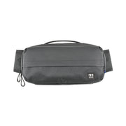 Gray waist bag with a visible brand logo on a white background