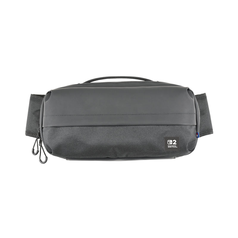 Gray waist bag with a visible brand logo on a white background