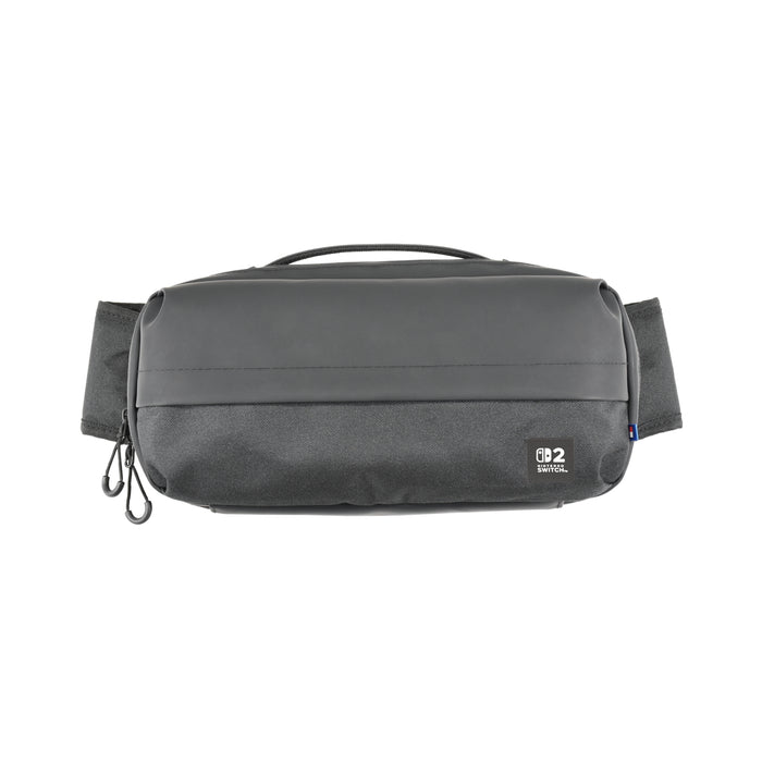 Gray waist bag with a visible brand logo on a white background