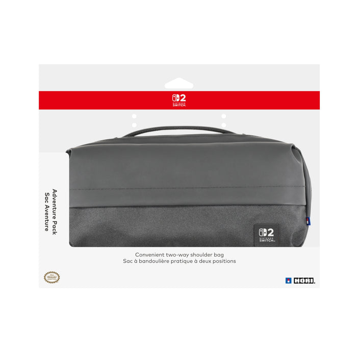 A black HORI Adventure Pack for Nintendo Switch 2, displayed in its packaging which includes a shoulder strap and indicates compatibility with various Nintendo Switch models.