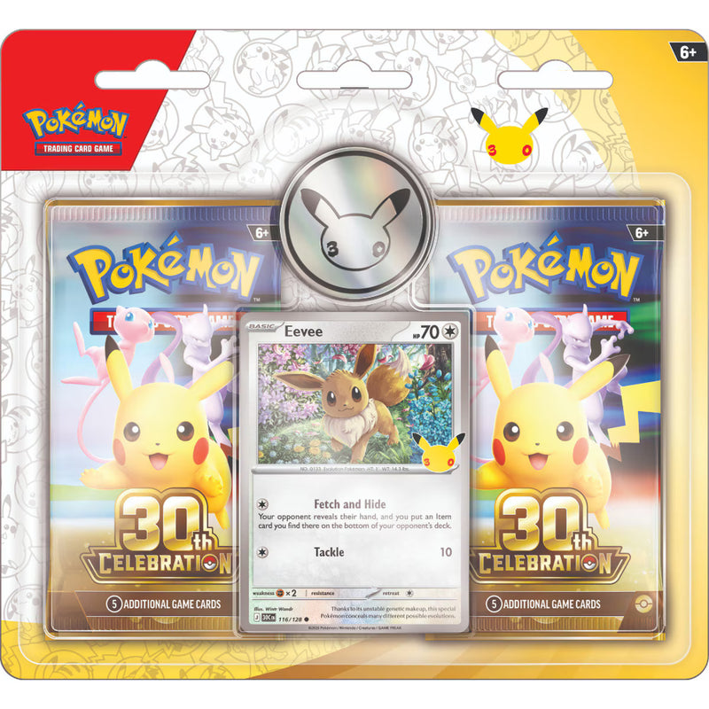 Pokémon Trading Card Game 30th Celebration card deck box with a visible Eevee card in the center, shown in its retail blister packaging on a white background.