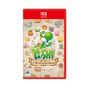 Nintendo Switch game case for 'Yoshi and the Mysterious Book' with Yoshi character on a beige background.